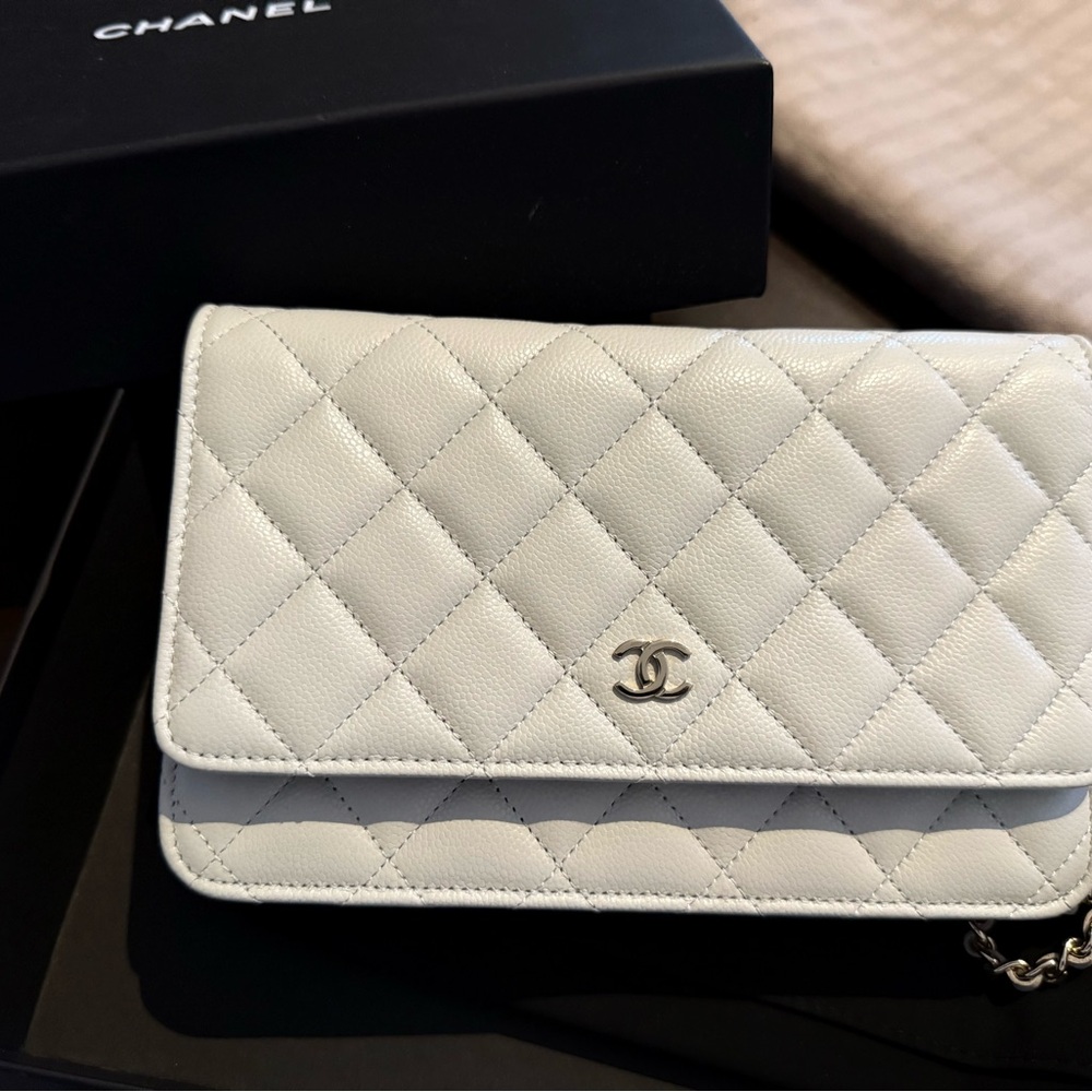 Chanel Off White Caviar Leather Wallet On Chain